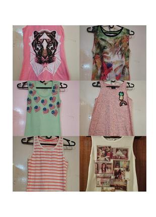 Яркие майки в полоску розовая майка с попугаями зелёная майка с тигром