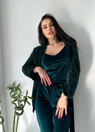 Піжама трійка укорочений халат, майка та штани. комплект для дому три в одному, піжамний комплект халатик, майка та штани