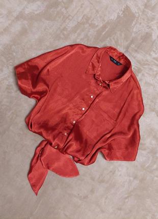 Актуальная трендовая легкая шелковая рубашка блузка кроп топ f&f оранжевая блуза со спущенными плечами на завязке в стиле zara h&m и shein