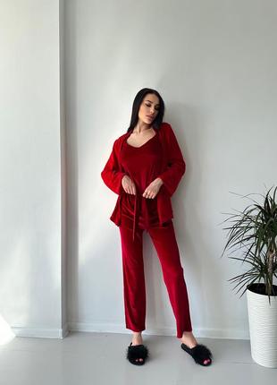 Бархатный велюровый красный костюм для дома тройка, пижама4 фото