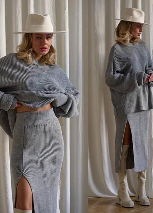 Костюм свитер и юбка миди с разрезом вязка 70% шерсть6 фото