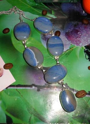 Крупне кольє блакитний агат, натуральний камінь, сріблення, індія