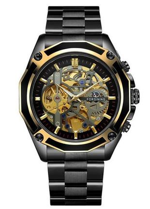 Класичний механічний чоловічий наручний годинник forsining 8099 black-gold-black