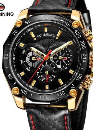 Классические механические мужские наручные часы forsining 6910 gold-black