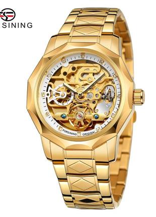 Класичний механічний чоловічий наручний годинник forsining 8099 black-gold-black