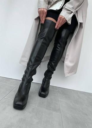 Ботфорты женские кожаные демисезонные на каблуке натуральная кожа фабричные деми высокие черные3 фото