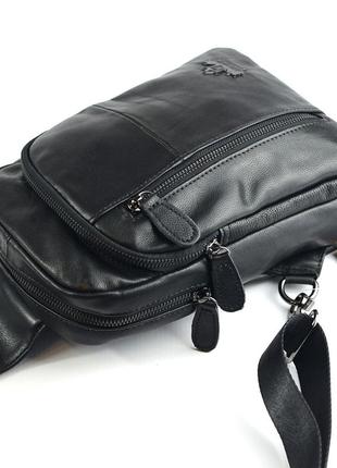 Чорний шкіряний чоловічий рюкзак слінг сумочка на дно плече нагрудна зручна сумка з натуральної шкір3 фото