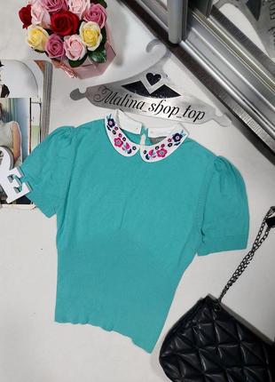 Мятная блузка с вышивкой на воротнике винтажная блуза с вышивкой 46 48 распродажа oasis1 фото