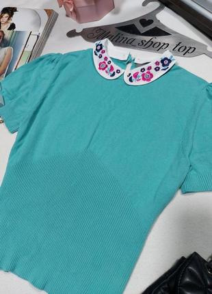 Мятная блузка с вышивкой на воротнике винтажная блуза с вышивкой 46 48 распродажа oasis4 фото