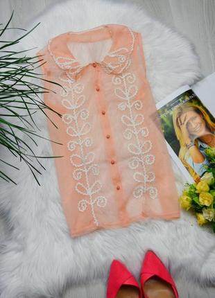 Ажурна романтична прозора персикова блуза у сітку