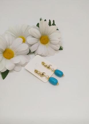 Серьги подвески с бирюзой и жемчугом3 фото