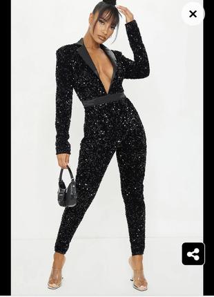 Чорний бархатний комбінезон з глибоким декольте в паєтках plt2 фото