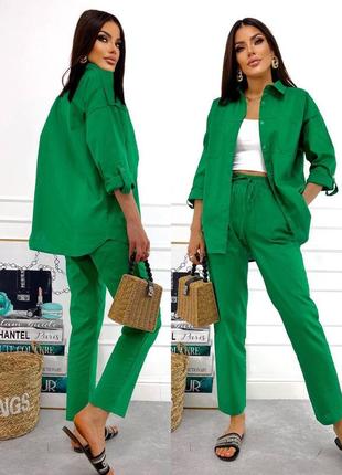Костюм женский зеленый однотонный льняной оверсайз рубашка на пуговицах с карманами брюки на высокой посадке с карманами качественный стильный3 фото