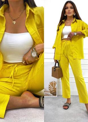 Костюм женский желтый однотонный льняной оверсайз рубашка на пуговицах с карманами брюки на высокой посадке с карманами качественный стильный4 фото