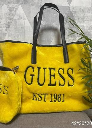 Sale‼️жіноча сумка шопер з косметичкою жовта хутро, сумка жіноча 2 в 1 еко хутро, сумка косметичка в стилі гесс guess, сумка 3 в 1 жовта3 фото