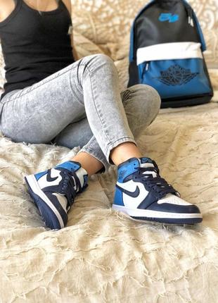 Женские голубые кроссовки nike air jordan 1 high blue white black2 фото