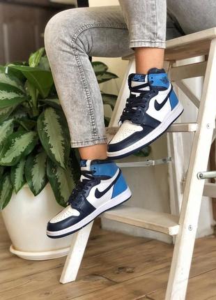 Женские голубые кроссовки nike air jordan 1 high blue white black