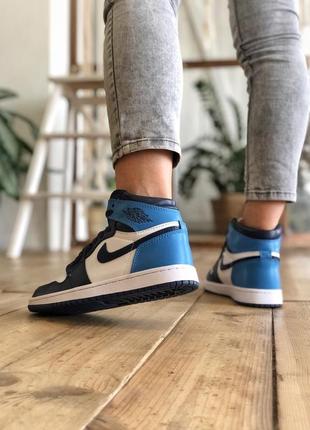 Женские голубые кроссовки nike air jordan 1 high blue white black8 фото