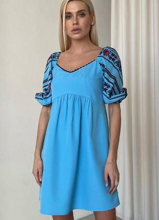 Платье вышиванка женское летнее короткое 3314-02 голубое3 фото