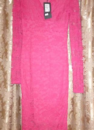 Новое с биркой яркое розовое коралловое фуксия кружевное гипюровое облегающее платье миди zean2 фото