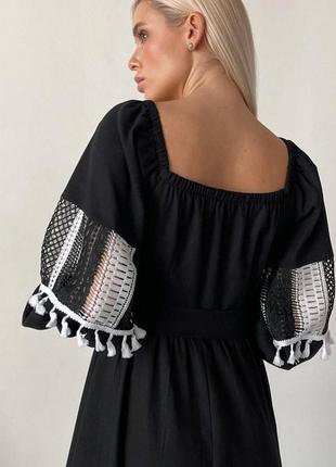 Льняное женское длинное платье с кружевом 3382-01 черный2 фото