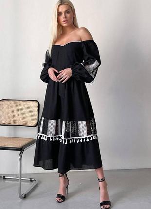 Льняное женское длинное платье с кружевом 3382-01 черный1 фото