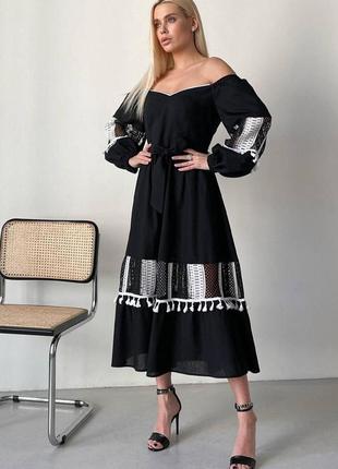 Льняное женское длинное платье с кружевом 3382-01 черный3 фото