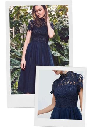 Вишукана сукня chi chi london глибокого синього кольору navy blue мереживо високої якості пишна фатинова спідниця3 фото