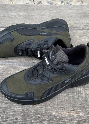 Чоловічі шкіряні кросівки puma хакі-черний
