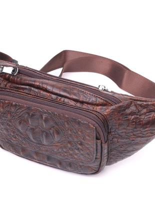 Модная поясная сумка из натуральной кожи с фактурой под крокодила 21298 vintage коричневая
