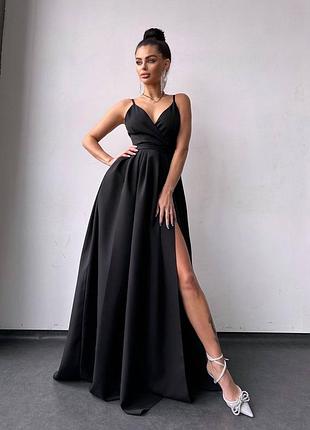 Платье женское макси в пол с декольте на бретельках свадебное вечернее нарядное чёрное