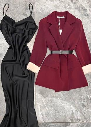 Костюм женский черное шелковое платье на брителях бордовый оверсайз пиджак с поясом качественный стильный1 фото