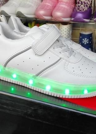 Білі демі кросівки кеди для дівчинки хлопчика з led-зарядкою, лампочками світні4 фото