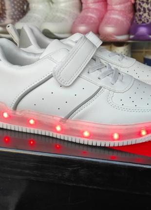 Білі демі кросівки кеди для дівчинки хлопчика з led-зарядкою, лампочками світні7 фото