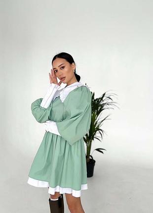 Платье  свободное с пышной юбкой расклешенное с белым воротничком с манжетами горничная беби долл черное синее серое зеленое красное коричневое