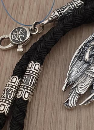 Серебряный кулон архангел михаил и шелковый шнурок с серебряными вставками ангел хранитель серебро и шнур 4 мм6 фото