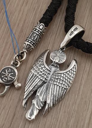 Серебряный кулон архангел михаил и шелковый шнурок с серебряными вставками ангел хранитель серебро и шнур 4 мм5 фото
