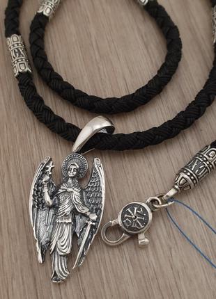 Серебряный кулон архангел михаил и шелковый шнурок с серебряными вставками ангел хранитель серебро и шнур 4 мм10 фото