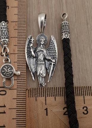 Серебряный кулон архангел михаил и шелковый шнурок с серебряными вставками ангел хранитель серебро и шнур 4 мм4 фото