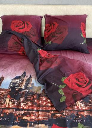 Чорно червоний комплект постільної білизни троянди 3д нічне місто2 фото