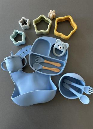 Силиконовая посуда, силиконовый нагрудник, слюнявчик, секционная тарелка на присоске, приборы, поилочка, микс цветов силиконной посуды,2 фото
