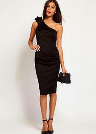 Шикарное черное атласное платье миди на одно плечо