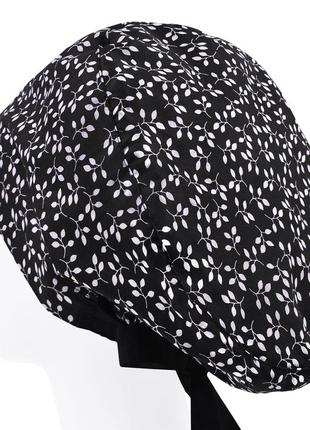 Медична шапочка шапка жіноча тканинна бавовняна багаторазова принт листя на чорному2 фото