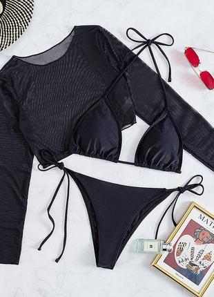 Черный купальник с кофтой 3 в 1 на завязках