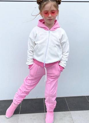 Костюм брючный спортивный на девочку детский подростковый розовый серый весенний летний брюки штаны кофта свитер худи