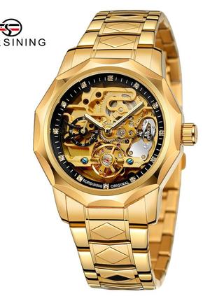 Класичний механічний чоловічий наручний годинник forsining 8099 black-gold-black