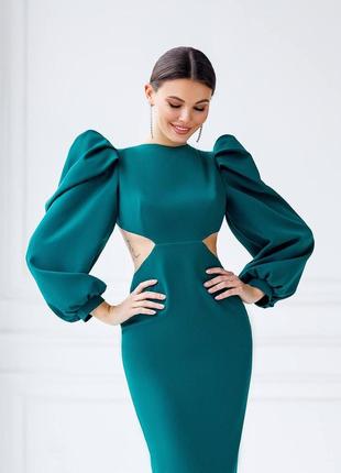 Ідеальна зелена приталена міді сукня з об‘ємними рукавами1 фото