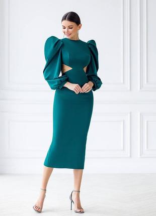 Ідеальна зелена приталена міді сукня з об‘ємними рукавами3 фото