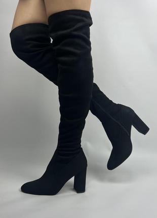 Чорні замшеві ботфорти довгі високі черевики чоботи обтягуючі на підборах каблуках ботфорди1 фото