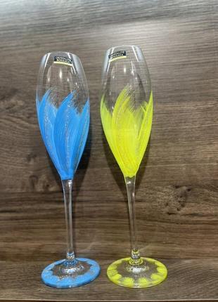 Свадебные бокалы для шампанского bohemia в жёлто-голубом цвете